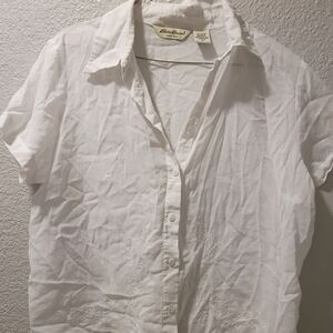 Eddie Bauer White Short Sleeve Button-Down Shirt with Subtle Embroidery
